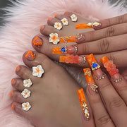 2 boxes of 48pcs European and American press-on nails, orange 3D bear heart butterfly flower glitter rhinestone high-end design water pipe style long false nails suitable for s and women daily wear, includes 2 jelly glue and