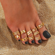 10pcs Set Unique Hollow Star Moon Heart Design Toe Ring Alloy Jewelry Bohemian Elegant Style Adjustable Ankle Ring Suit