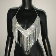 Glamorous Golden-Tone Rhinestone Tassel Necklace - Luxurious Alloy Crop Top with Sparkling Fringe Detail, Perfect for Parties & Celebrations