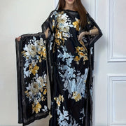 WINYI Women'S Long Kaftan Dress, Polyester 100% Crew Neck Tunic with Belt, Loose Fit All Over Print, Middle Eastern Bohemian African Style, Beach Cover Up, Elegant Evening Abaya for Dubai, Spring/Summer Collection
