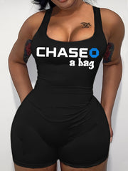 Women'S Sexy Black Bodycon Jumpsuit with "CHASE" Print - Backless Design, Square Neck, All-Season Fashion, Adult Size, Adult Fashion Jumpsuit | Backless Fashion | Letter Print Top, Plus Size Clothing