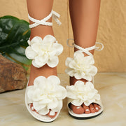 Women'S Fashion Floral Braided Lace-Up Sandals - White 3D Flower Design, Open Toe, Low Heel, Faux Cover, Summer Roman Style, Casual Strappy Back, All-Season Wear, Strappy Sandals