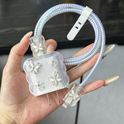 5-Piece Set 3D Cartoon Crystal Butterfly Design Charger Protector Cover Suitable for Apple 18W/20W Adapter, TPU Cable Protector Sleeve with Phone Cable Spiral Protection Accessories