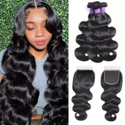 Body Wave Bundles With Closure Human Hair Weave Bundles Unprocessed Virgin Hair Extensions With Closure Natural Color 3 Bundles With 5x5 Closure Free Part