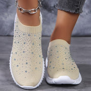 Women's Walking Sneakers With Rhinestone Decor, Breathable Fabric Casual Shoes, Comfortable Athletic Camp Shoes, Slip-on Trainer Footwear With Chunky Sole