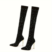 Women's Elastic Mesh Over-the-Knee Boots Elegant Rhinestone Decorated Pointed High-Top Thin Heels Party Fashion Tights Boots, Suitable for Dating, Dance, Nightclub, Valentine's Day