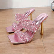 Elegant Pink Glitter High Heel Sandals for Women - Square Toe, Stiletto Heel with Rhinestone Embellishments, TPU Upper & PU Cover Straps, Rubber Sole - Perfect for Summer Parties & Weddings, Fashionable Occasions|Square Toe H