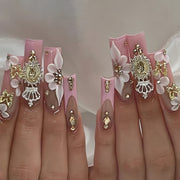 24pcs Rectangular Pink French False Nails with Flower Print, Shiny Rhinestone Metal Crown Design, Press-on Nails, Essential for Ladies' Party, Acrylic Press-on Nails with Jelly Glue 1pc and Scrubbing Strip 1pc