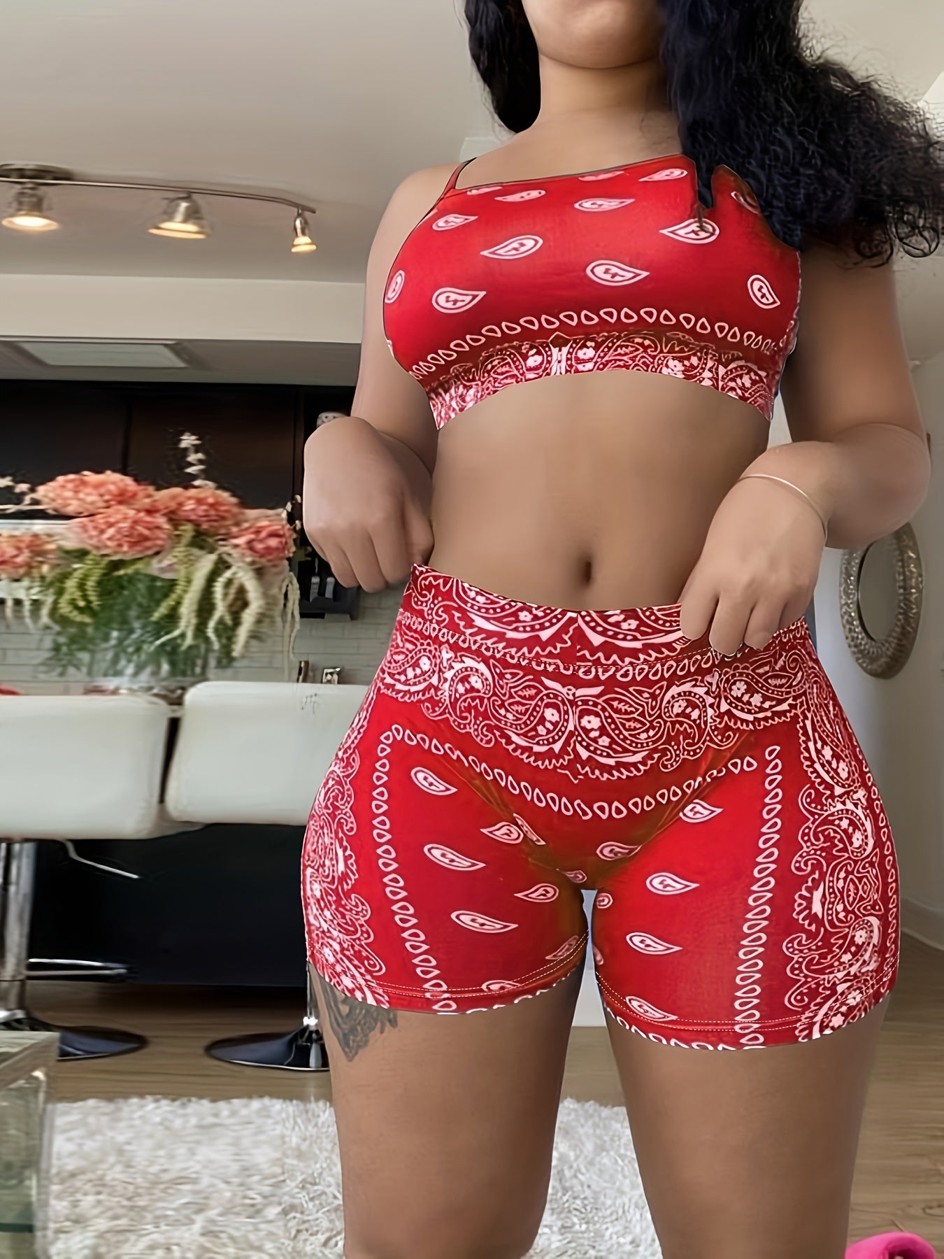 New European and American Women's Summer Clothes Paisley Strappy Sleeveless Shorts Two-Piece Set
