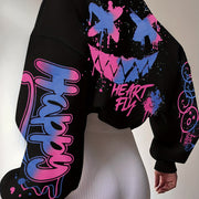 Women's Elegant Graffiti Letter Print Sweatshirt - Black with Pink & Blue Art, Round Neck, Medium Stretch, Machine Washable, Autumn Winter Casual Pullover, Ladies Sweatshirts, Everyday Comfort, Bold Graphic Design, Medium Str