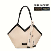 Chic Love-Themed Tote Bag - High-Capacity Beige & Black Design with Ribbon Accent, Versatile for Work and Casual Use, Durable PU Material, Zip Closure