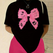 Women's Black Crew Neck T-Shirt with Pink Bow Print - Casual Short Sleeve Top for Summer & Spring, Soft and Comfortable Casual Attire, Casual Summer Top | Playful Bow Print | Glossy Fabric, Ladies T Shirts