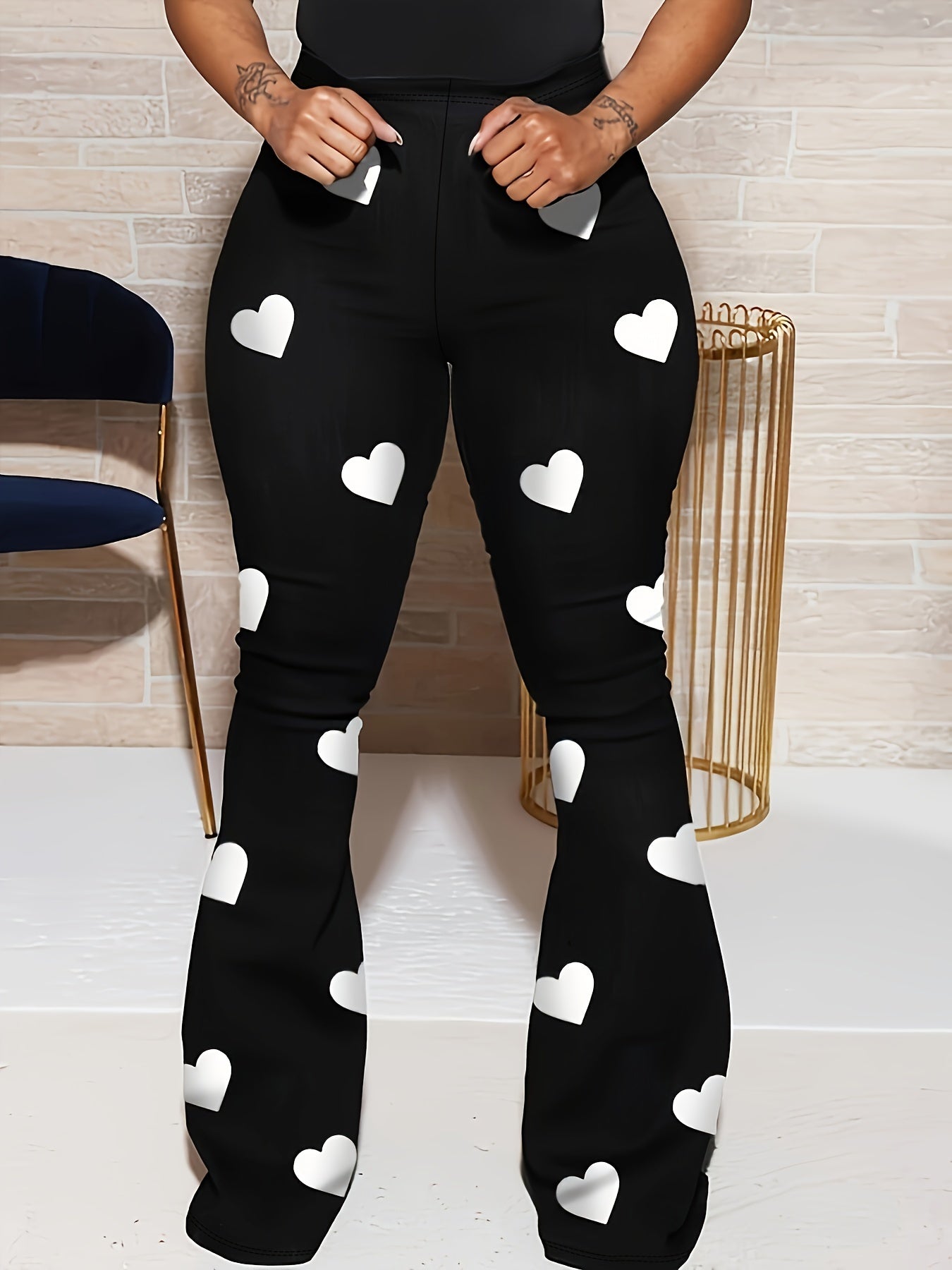 Stylish Heart Print Flare Leg Pants - High Waist, Casual, Versatile, Comfortable, and Chic Womens Clothing for Spring and Summer - Perfect for Daily Wear, Outdoor Activities, and Travel