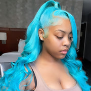13x4 Lace Front Wig Light Blue Body Wave 26 Inch - Fluffy Heat-Resistant Synthetic Hair, 180% Density Glueless Wig for Women, Middle Part for Daily, Party, Cosplay & Halloween, Wig Accessories