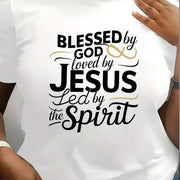 Plus Size Women's T-Shirt - Comfort Fit, Short Sleeve, Round Neck with Inspirational "Blessed by God" Print in Black & Golden - Machine Washable, Smooth Fabric, All-Season Casual Wear, Everyday Clothing | Round Neck Tee | Pur