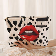 Leopard Print & Red Lips Pattern Cosmetic Bag - Polyester Makeup Pouch with Zipper, Chic Velvet-Like Toiletry Organizer, Non, Lightweight & Lined Multifunctional Travel Case