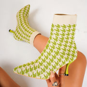 Women'S Elegant Houndstooth Sock Booties, Pointed Toe Stiletto High Heels, Slip-on Dress Boots for All Seasons, Comfortable Dress Footwear for Parties and Banquets