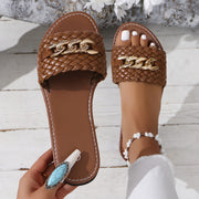Women's Chain Decor Slide Sandals - Casual Open Toe Flat Summer Shoes, Lightweight Braided Slide Sandals - For Women - Perfect for Summer Beach, Vacation & Casual Wear - Ideal Gift for Fashionable Women