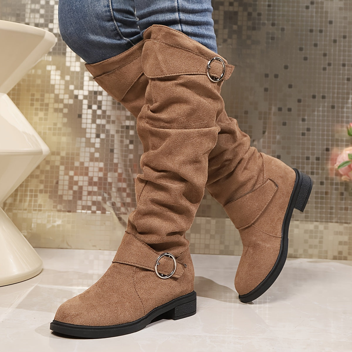 Women's Solid Color Trendy Boots, Buckle Belt Pull On Chunky Heel High Knee Boots, Winter Round Toe Slouchy Boots