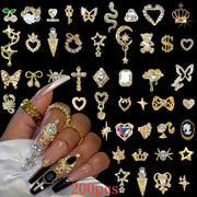 200pcs Elegant Nail Art Jewels, 3D Alloy Nail Jewelry Set, with Rhinestones and Faux Gemstones, Unscented DIY Manicure Accessories