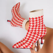 Women'S Elegant Houndstooth Sock Booties, Pointed Toe Stiletto High Heels, Slip-on Dress Boots for All Seasons, Comfortable Dress Footwear for Parties and Banquets