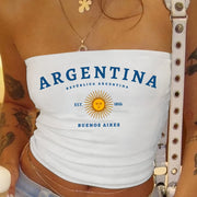 Y2K Women's Argentina Flag Print Bandeau Top - Stretchy Polyester-Spandex Blend, Semi-Sheer Casual Shirt with National Emblem Design, All-Season Comfort & Machine Washable, Casual Wear Top | Bandeau Style | Semisheer Material