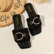 Women's Stylish Slide Sandals with Metallic Buckle - Comfortable Flat Open-Toe Slippers, Non-Slip Rubber Sole, Elegant Summer Fashion Shoes for Casual Outfits, Black & Green Options, Summer Footwear | Stylish Buckle Design |