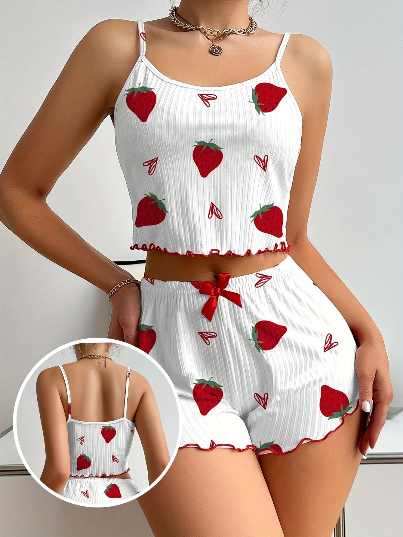 Women's Strawberry Print Sexy Ribbed Frill Trim Pajama Set, Round Neck Backless Crop Cami Top & Shorts, Comfortable Relaxed Fit, Summer Nightwear