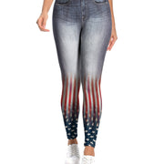 Women's High-Waisted Imitation Denim 3D All-Over Print Leggings - Patriotic American Flag Design, High-Stretch Machine-Washable Yoga Pants for Casual Wear & 4th of July Outfits, Seasonal Fashion | Stylish Flag Pattern | Comfo