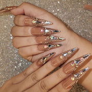 Handcrafted Ultra-Pointed Nude Press-On Nails with Luxurious Large Rhinestones - High-End Elegance, Grandeur & Modern Style for Women | Pure Hand-Set Sparkling Diamonds | Extra-Long Ultra-Durable Design Resists Bending
