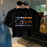 Women'S Y2K Style "Calvin" Graphic Tee - Soft & Comfortable Short Sleeve T-Shirt, Casual & Fashionable, Spring/Summer Top, Casual Wear | Playful Print | Comfortable Fit, Ladies T Shirts