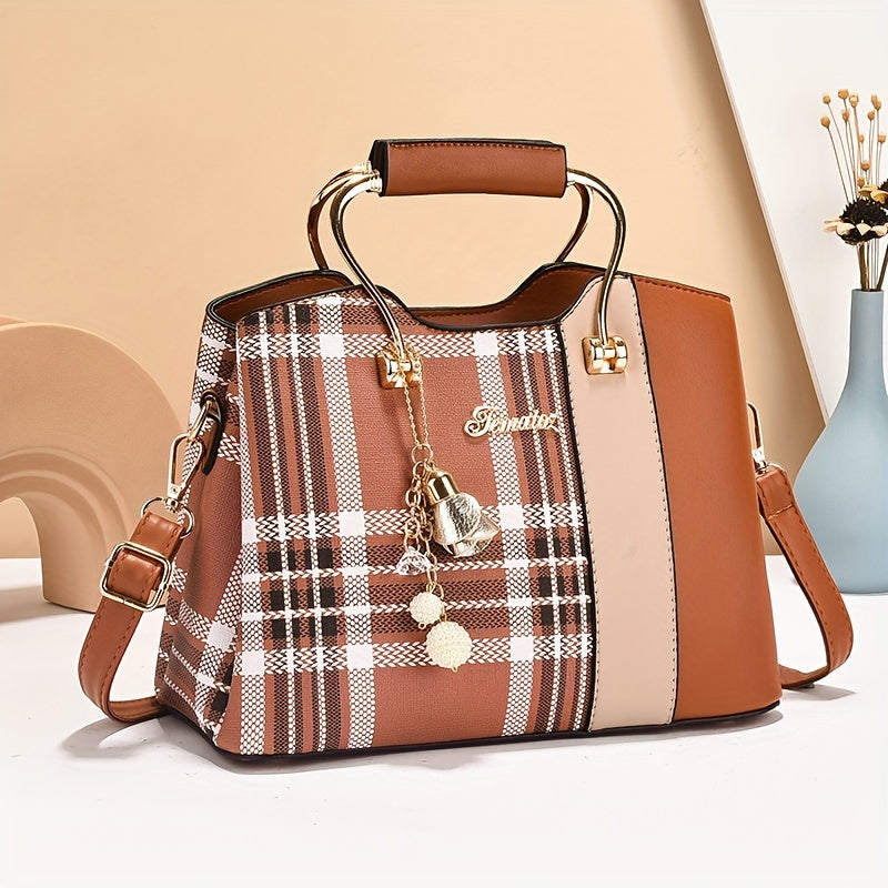 Chic Plaid Tote Bag for Women - Spacious & Stylish, Versatile Shoulder or Crossbody Carry, Durable PU Material, Available in Earthy Tan/Ivory/Pink/Black - For Fashionable Women - Perfect for Everyday Use, Shopping, Travel - I
