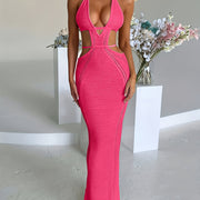 Elegant Knit Cut-Out Midi Dress - Sexy Halter Neck, Semi-Sheer Beach Vacation Style Cover-Up, Polyester, Hand or Dry Clean Only, Beach Dress