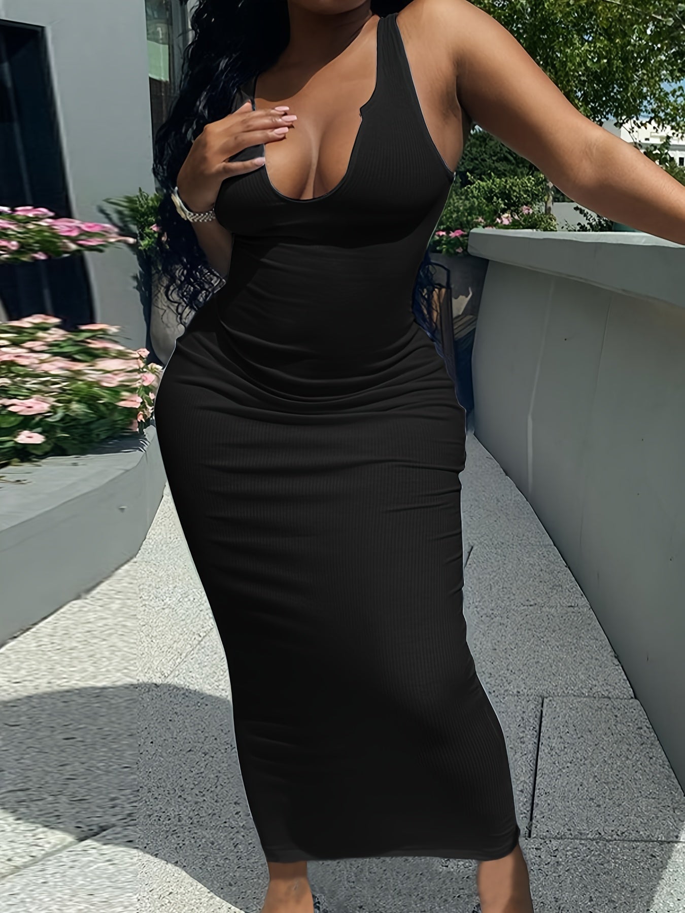 Sleek Notched Neck Bodycon Tank Dress - Sleeveless, Casual, Spring & Summer Essential - Womens Clothing for a Chic Look