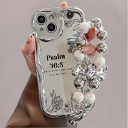 Electroplated Silver Curved Edge Pattern Mobile Phone Case with Pearl Bracelet Lanyard Design, Anti-fall, Durable, Unique Pattern, Compatible with iPhone 16 15 14 13 12 11 Pro Promax 16 15 14 Plus Cute Fashion Thickened Shock