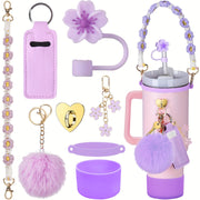 8pcs Cup 30oz 40oz Tumbler Accessories with Handle, Includes Water Bottle Handle Strap, Lipstick Case, Boots, Keychain Charm, Straw Top (Purple)