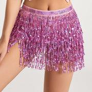 Golden Sequin Fringe Mini Skirt with Adjustable Waistband - Sexy Glamorous Party Dress for Nightclub, Disco, and Festive Occasions - 100% Polyester, Loose Fit, Hand Wash Only