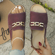 Foreign Trade Large Size Women's Soft Sole Slippers New Summer Fashion Casual Wine Red Square Buckle Chain Open Toe Thick Bottom Sandals Daily Outdoor Beach Lightweight Comfortable Slip-on Soft Sole Flip Flops
