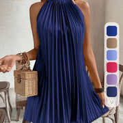 Women's Elegant Halter Neck A-Line Dress with Pleated Detail - Machine Washable Solid Color All-Season Casual to Formal Wear, Versatile Fashion, Smooth Texture Fabric