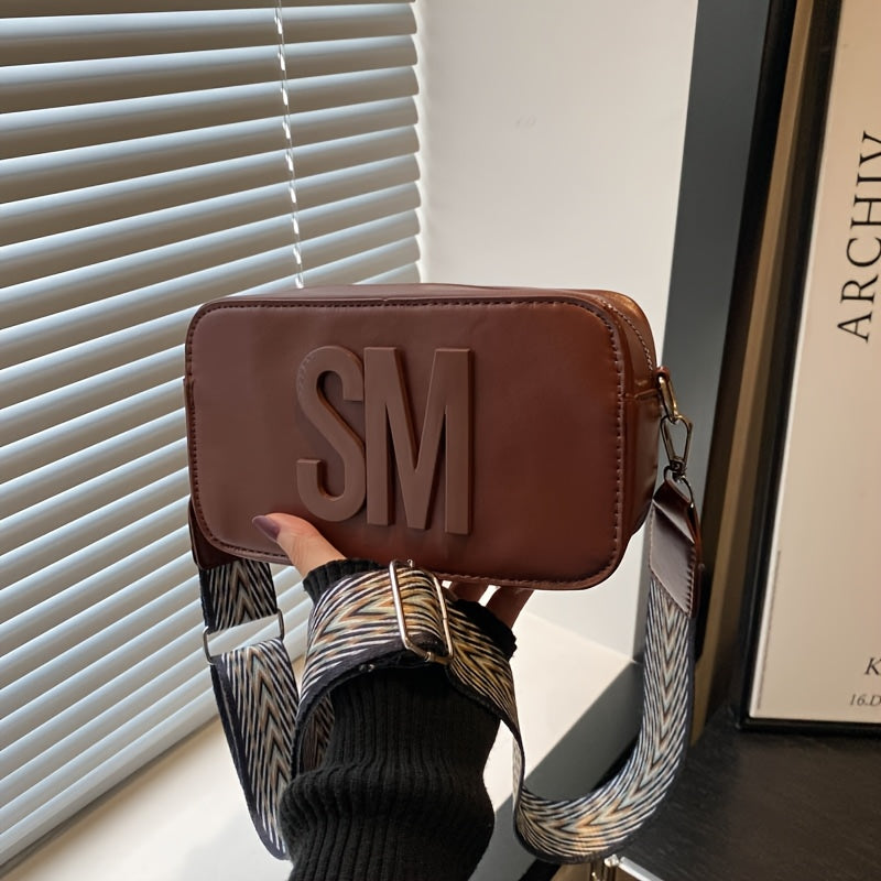 Stylish Crossbody Bag with Wide Strap – Trendy Solid Color Shoulder Bag Featuring Bold "SM" Letter Design, Zip Closure, and Polyester Lining – Available in Coffee Brown, Light Brown, Magenta, White, Red, Green, Black, Sma