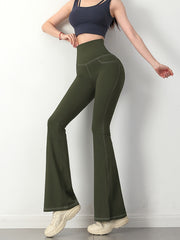 Solid Color Imitation Denim Yoga Pants With Pockets, Sports Fitness Yoga Running Flared Leggings, Women's Clothing Wide Waistband