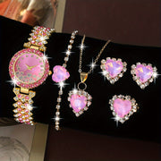 6 Pcs Pink Round Rhinestone Quartz Watch Alloy Strap Alloy Pointer Alloy Case And Rhinestone Bracelet Necklace Earrings Ring Jewelry For Women