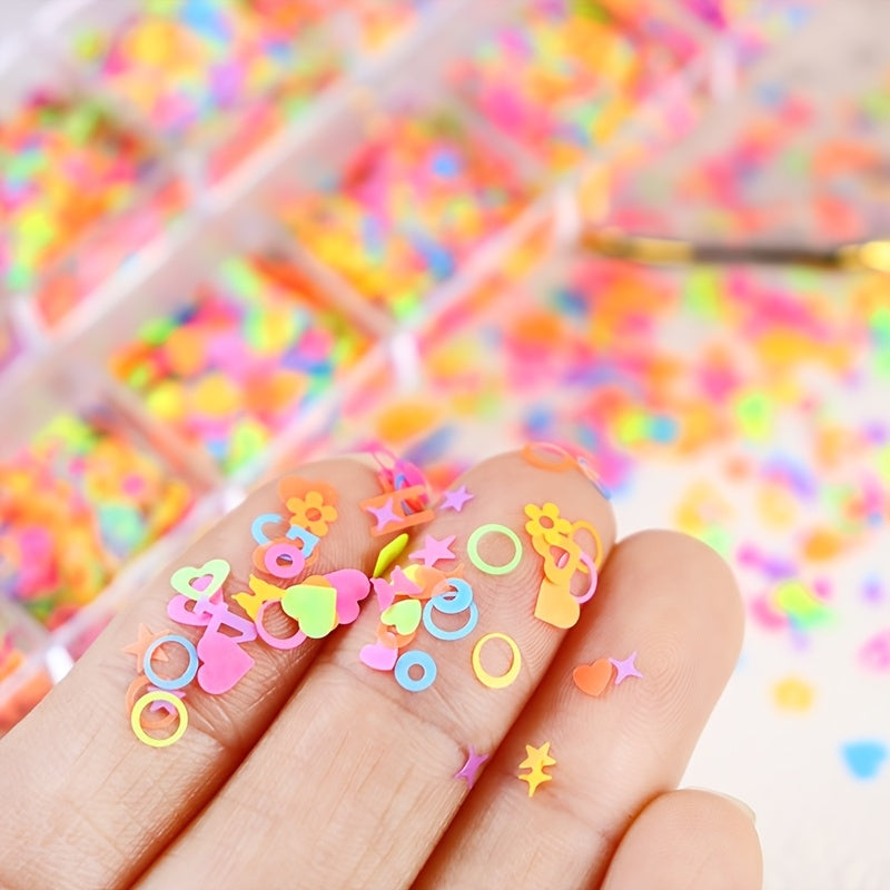 12 Types of Fluorescent Colored Glitter in Butterfly, Star, Heart, And Number Shapes for Spring Nail Decoration.