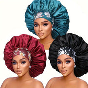 3pcs Satin Sleep Caps with Floral Print - Lightweight, Breathable Hair Protection for Long & Curly Hair, All-Season Comfort in Navy Blue, Teal Green, Black, Red, Purple, Pink & Golden