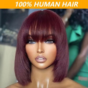Burgundy Brazilian Virgin Human Hair Wig - 99J Short Straight Bob with Bangs, Glueless Comfort Fit, 180% Density Rose Net Cap, Natural Black Real Human Hair for Women, All Ethnicities, Perfect Gift, Short Hair Wigs, Stylish H