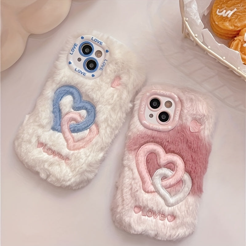 Smudged Double Buckle Love Gradient Color Mobile Phone Case, Suitable for Apple 16/15 Pro Max/15 Pro/15/15Plus/14 Pro Max/14 Pro/14Plus/14/13 Pro Max/13 Pro/13 /12 Pro Max/12 Pro/12/11Pro Max/11 Couple Plush Embroidery Mobile