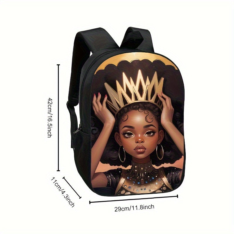 Black Queen Crown Print Backpack: Large Capacity, Lightweight, and Durable for Travel and School - Vegan Friendly