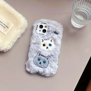 Autumn And Winter Plush Embroidered Three-Dimensional Double-Headed Cat Mobile Phone Case, Suitable for Apple 16/15 Pro Max/15 Pro/15/15Plus/14 Pro Max/14 Pro/14Plus/14/13 Pro Max/13 Pro/13 /12 Pro Max/12 Pro/12/11Pro Max/11