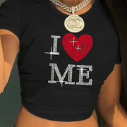 Y2K "I LOVE ME" Letter Print T-Shirt for Women - Casual Crew Neck Short Sleeve Top with Red Heart & Star Design, Breathable Polyester Blend, Medium Stretch, Machine Washable, All-Season Comfort, Versatile Clothing, Round Neck