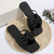 Women'S Black Square Toe Slip-On Sandals with Large Bow Detail - Stylish Summer Flat Heels for Outdoor and Indoor Wear, Casual Footwear | Stylish Flat Heels | Comfortable Footwear